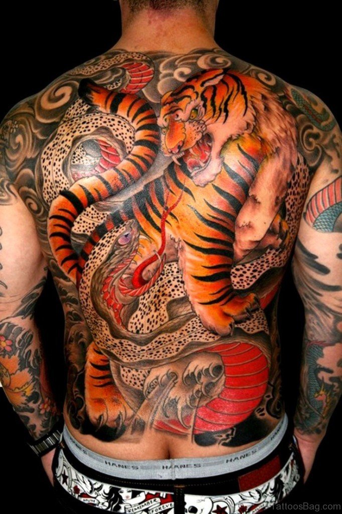 Colored Tiger And Snake Tattoo