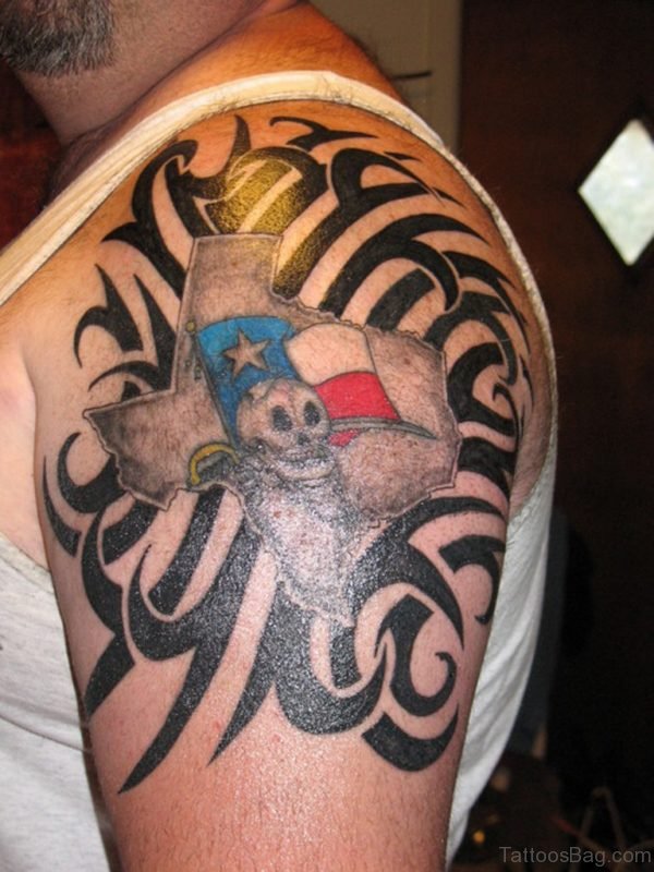 Colored Viking Skull Tattoo On Right Shoulder