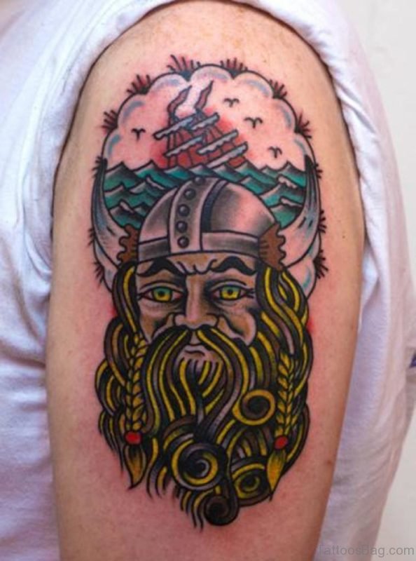 Colored Viking Tattoo On Shoulder