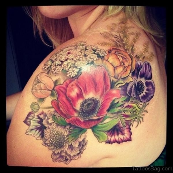 Colored Vintage Flower Shoulder Tattoo