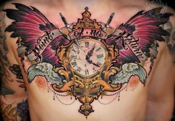 Colored Wings and Clock Tattoo