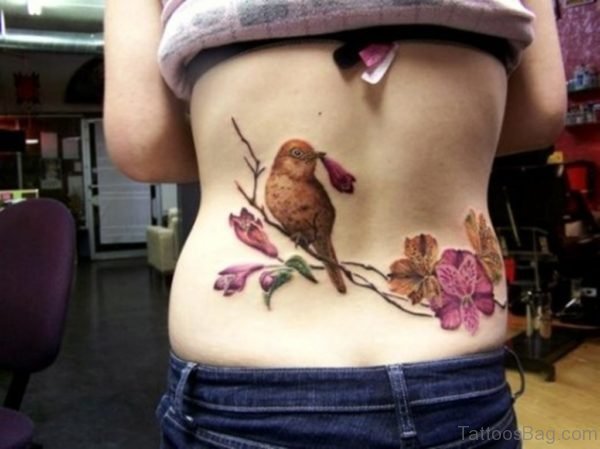 Colorful Birds Tattoo On Lower Back