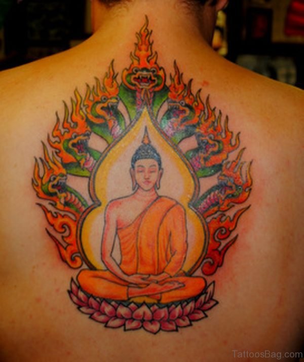 Colorful Buddha On Lotus Tattoo On Man Upper Back