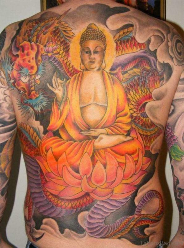 Colorful Buddha Tattoo Design On Back
