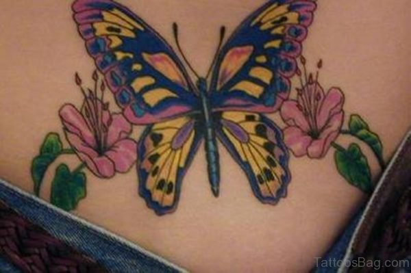 Colorful  Butterfly And Flower Tattoo