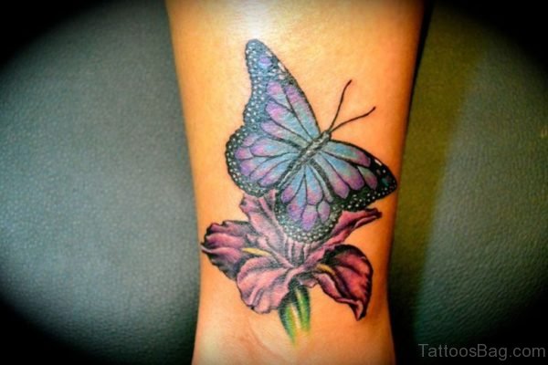 Colorful Butterfly And Flowers Tattoos On Wrist