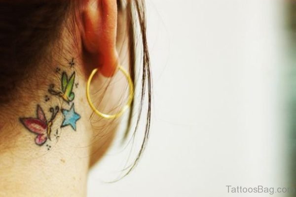 Colorful Butterfly And Stars Tattoo On neck