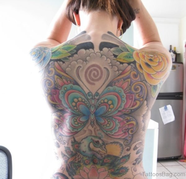 Colorful  Butterfly Tattoo On Full Back