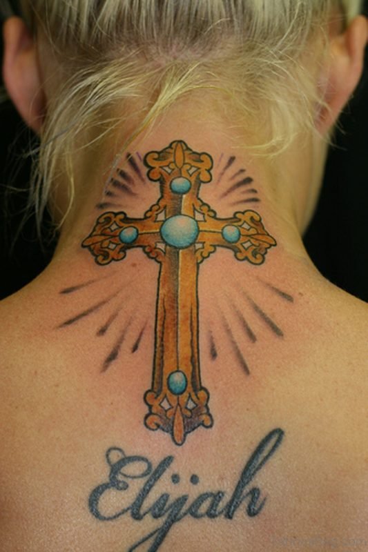 Colorful Cross Neck Tattoo