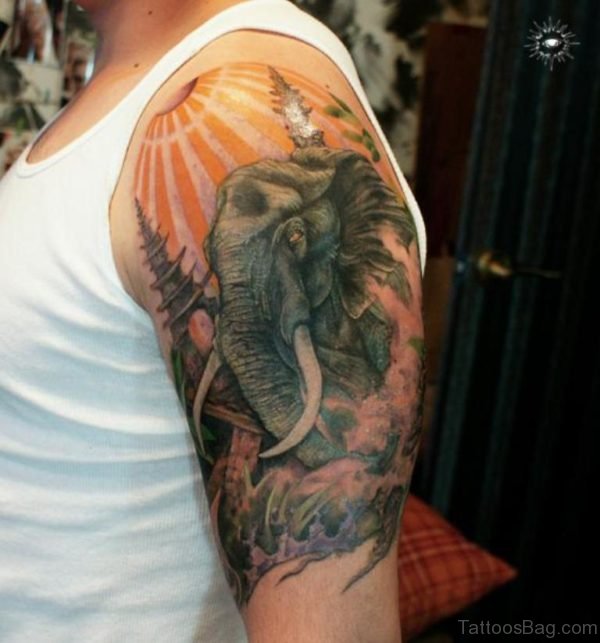 Colorful Elephant Shoulder Tattoo