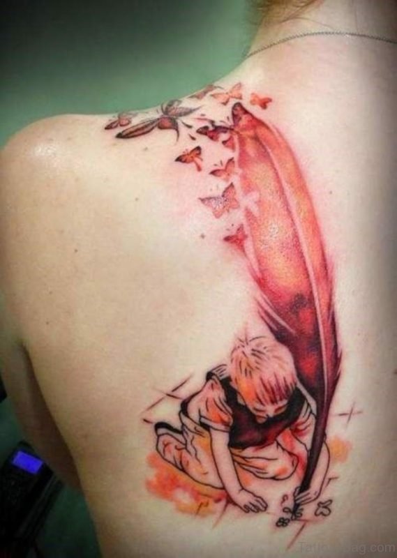 Colorful Feather Tattoo On Back