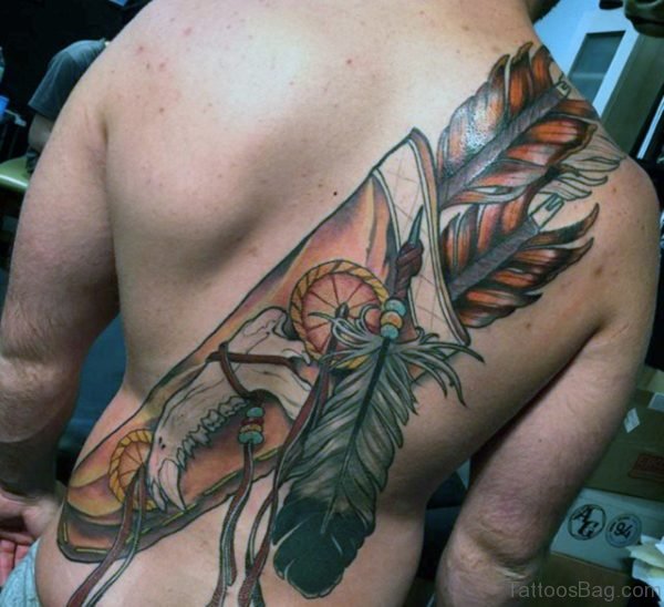 Colorful Feather Tattoo On Men Back