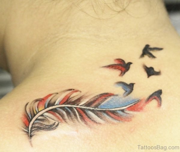 Colorful Feather Tattoo With Flying Birds