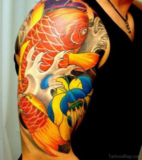 Colorful Fish Tattoo On Right Shoulder