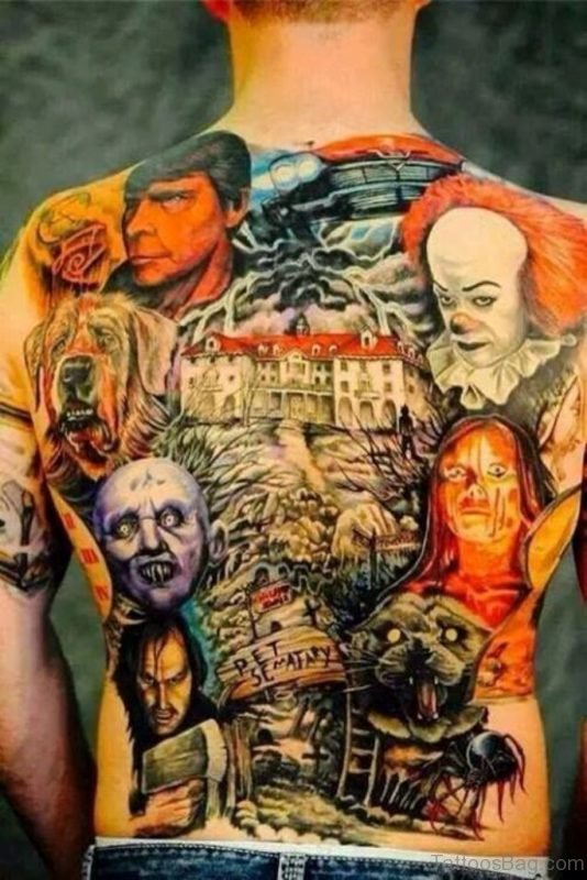 Colorful Horror Tattoo On Full Back