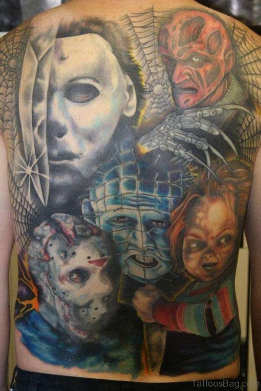 Colorful Horror Tattoo On Whole Back