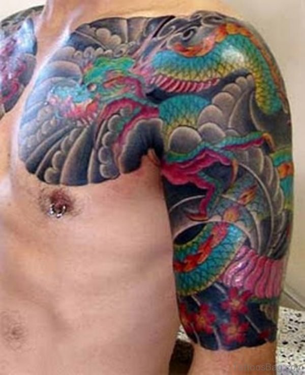 Colorful Knot Dragon Shoulder Tattoo