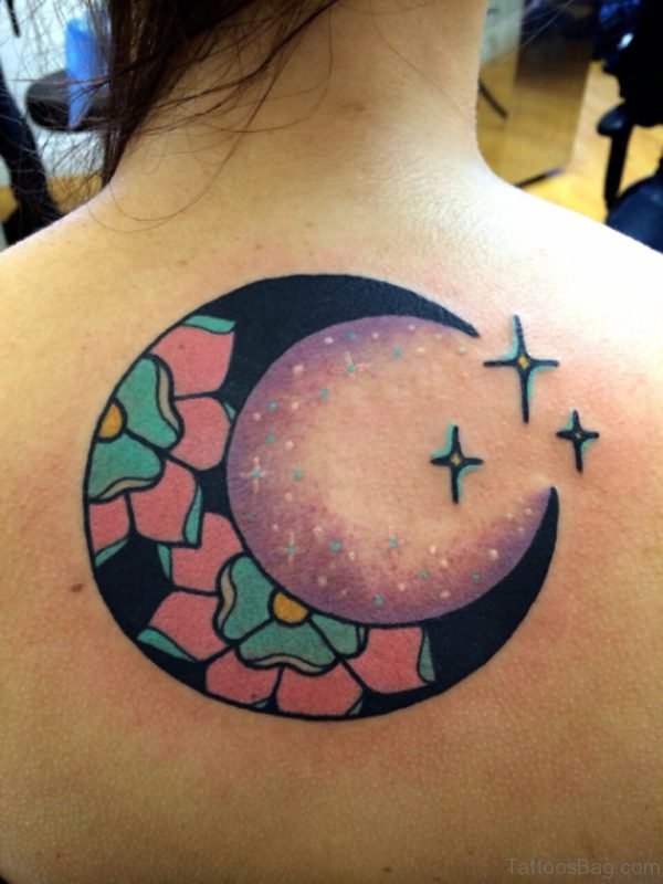Colorful Moon Tattoo On Back