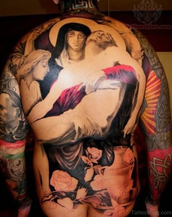 Colorful  Religious Tattoo On Back