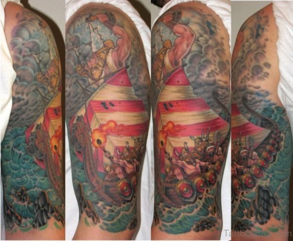 Colorful Ship Viking Tattoo