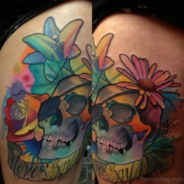 Colorful Skull Tattoo On Thigh