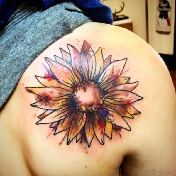 Colorful Sunflower Tattoo For Back