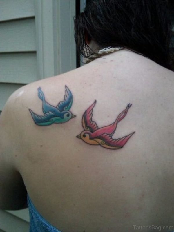 Colorful  Swallow Tattoo On Back