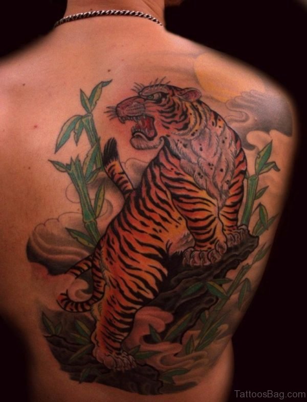 Colorful Tiger Tattoo On Back