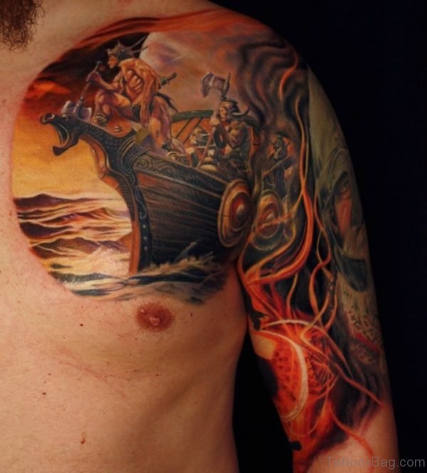 Colorful Viking Ship Tattoo