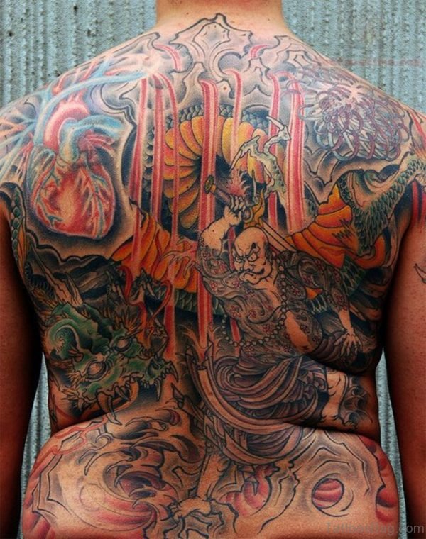 Colorful Warrior Tattoo On Back