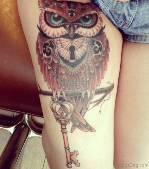 Color Owl Tattoo On Thigh