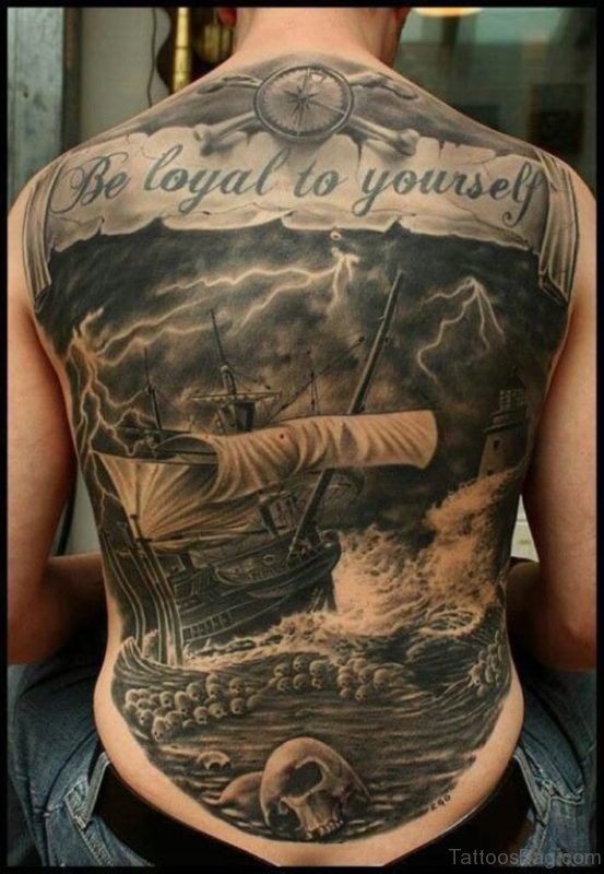 Compass Banner And Ship In Sea Tattoo