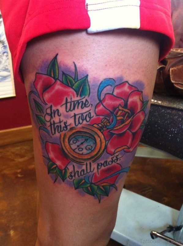 Compass & Red Rose Tattoo On Thigh