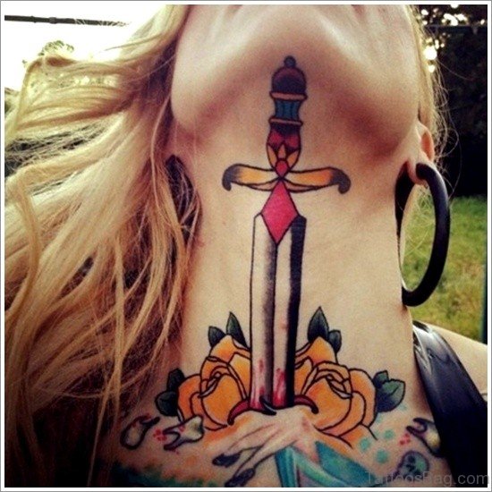 Cool Dagger With Rose Tattoo On Neck