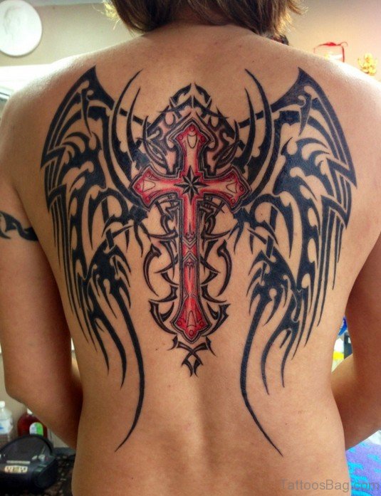 Cross And Angel Wings Tattoo On Back
