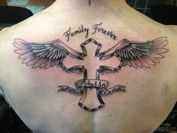 Cross And Wings Tattoo On Back