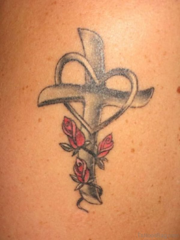 Cross Heart And Flower Tattoo