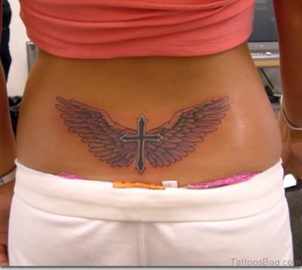 Cross Wings Tattoo On Lower Back