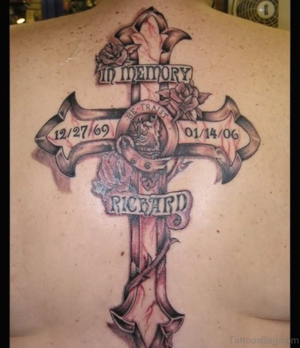 Cross With Roses And Banner Tattoo On Upper Back