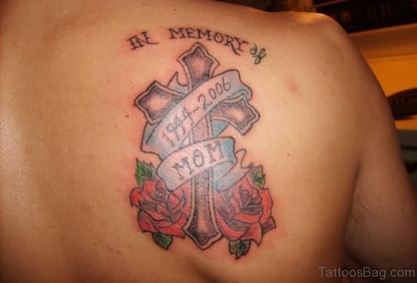 Cross With Roses And Mom Banner Tattoo