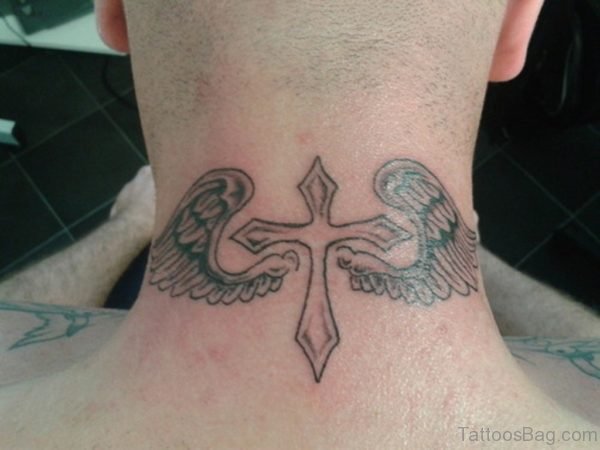 Cross Wngs Tattoo On Neck