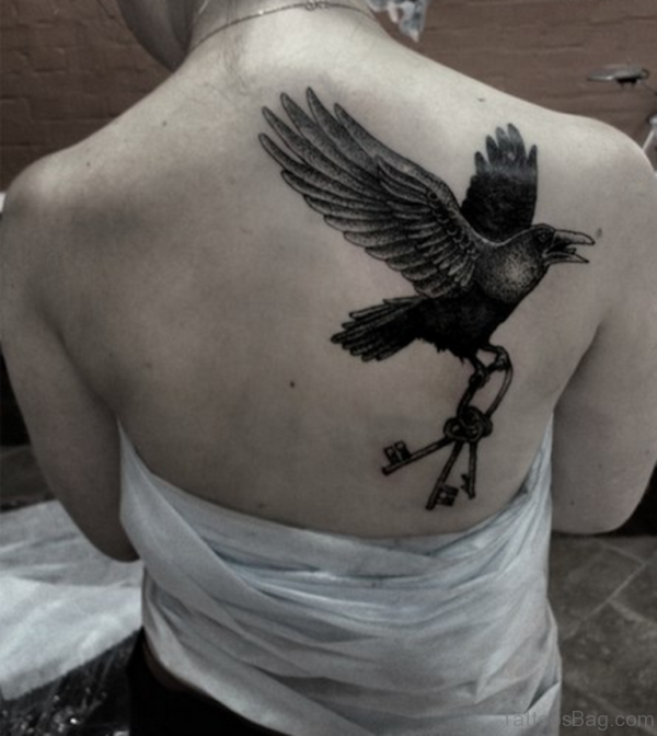 Crow And Key Tattoo On Back