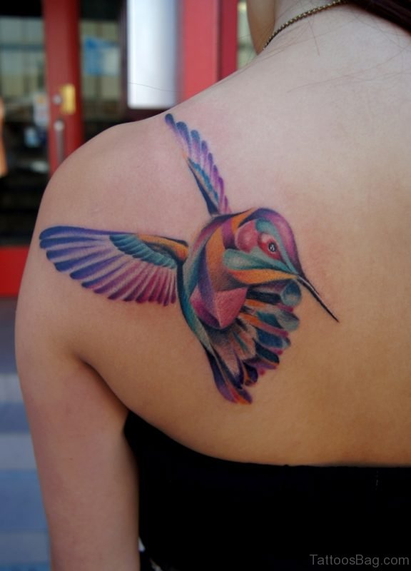 Colored Cute Bird Tattoo On Back