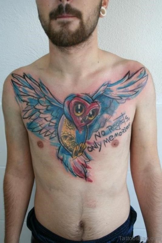Cute Chest Owl Tattoo For Men