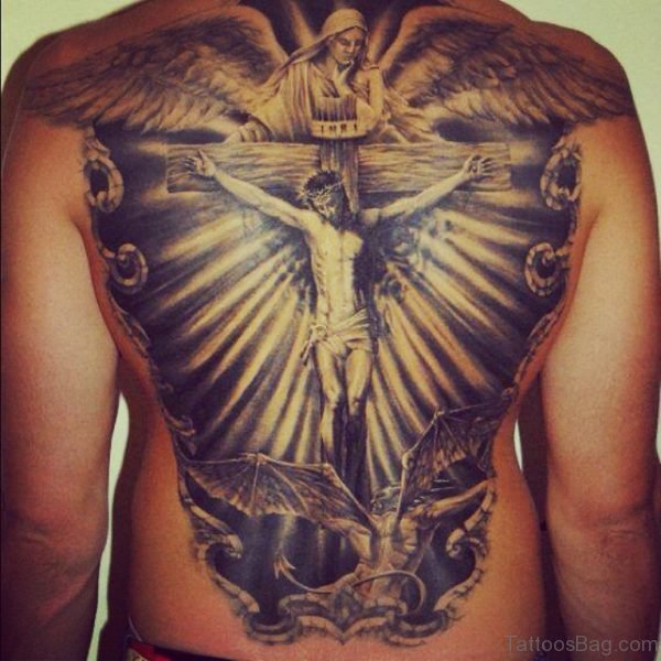 Dark Ink  Cross Tattoo On Full Back