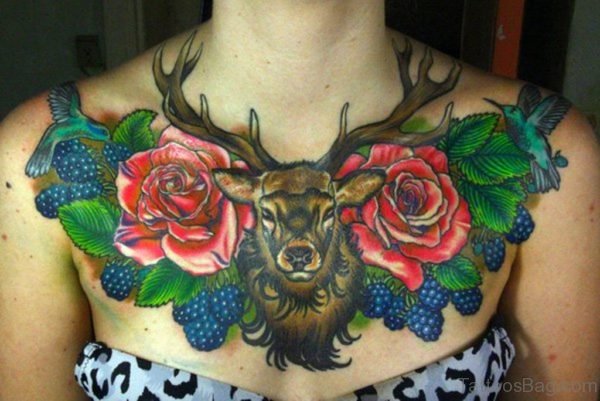 Deer And Roses Tattoo On Neck