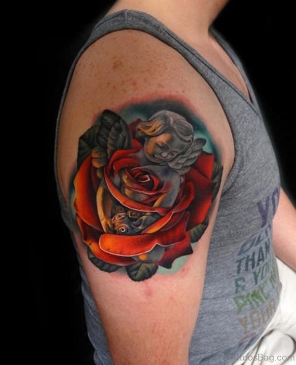 Designer Rose Angel Shoulder Tattoo