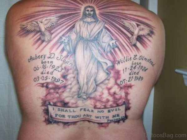 Dove And Jesus Tattoo On Back