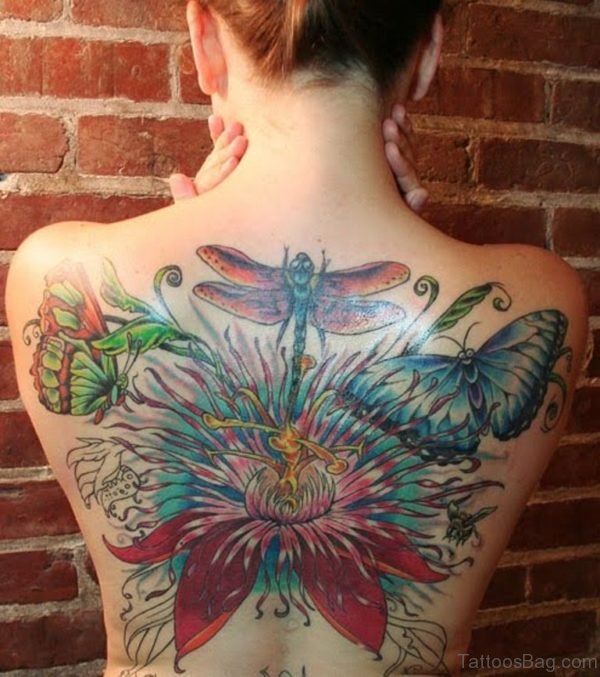 Dragonfly And Butterfly Tattoo On Back