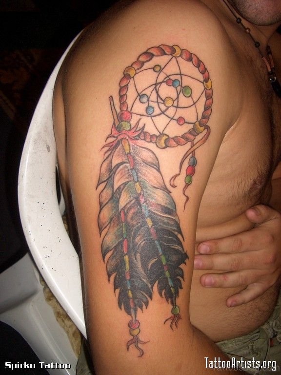 Dream Catcher Red And Green Tattoo